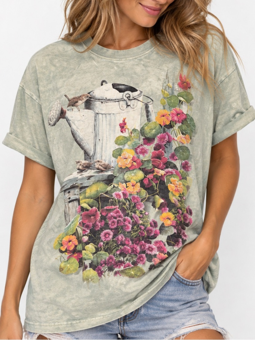 Vintage The Mountain short sleeve Large shirt with Flowers and Watering Can